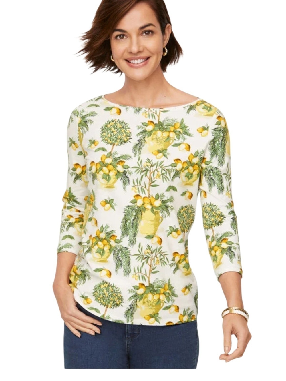 Talbots Cotton Bateau Neck Tee. Crafted from breathable cotton, this three-quart